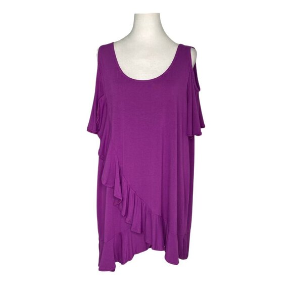 Roaman's Tops - Roaman's Purple Cold Shoulder Ruffled Criss Cross Top, Size 14/16 #292